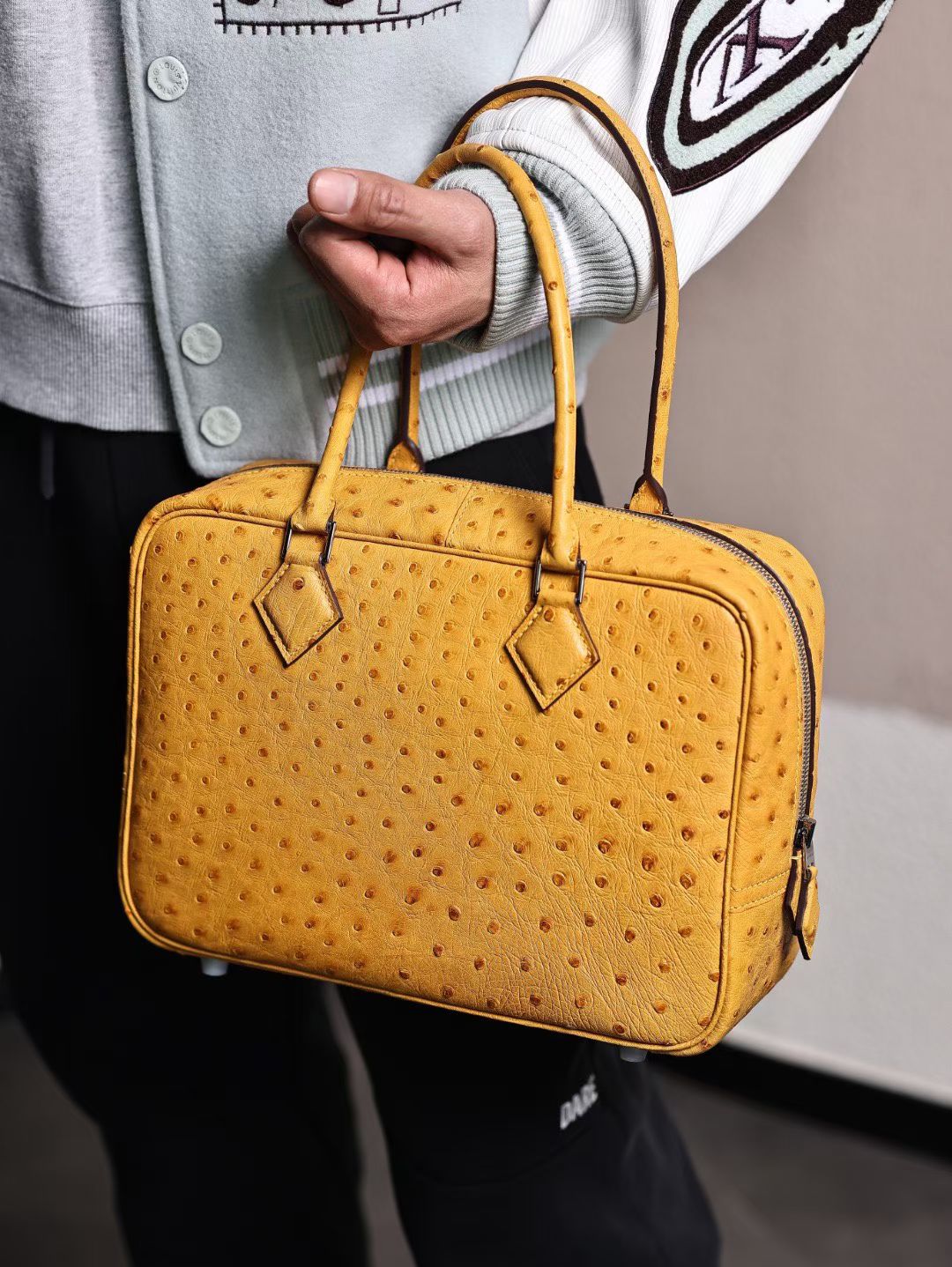 Womens Genuine Ostrich Skin Leather Top Handle Shopper Bags