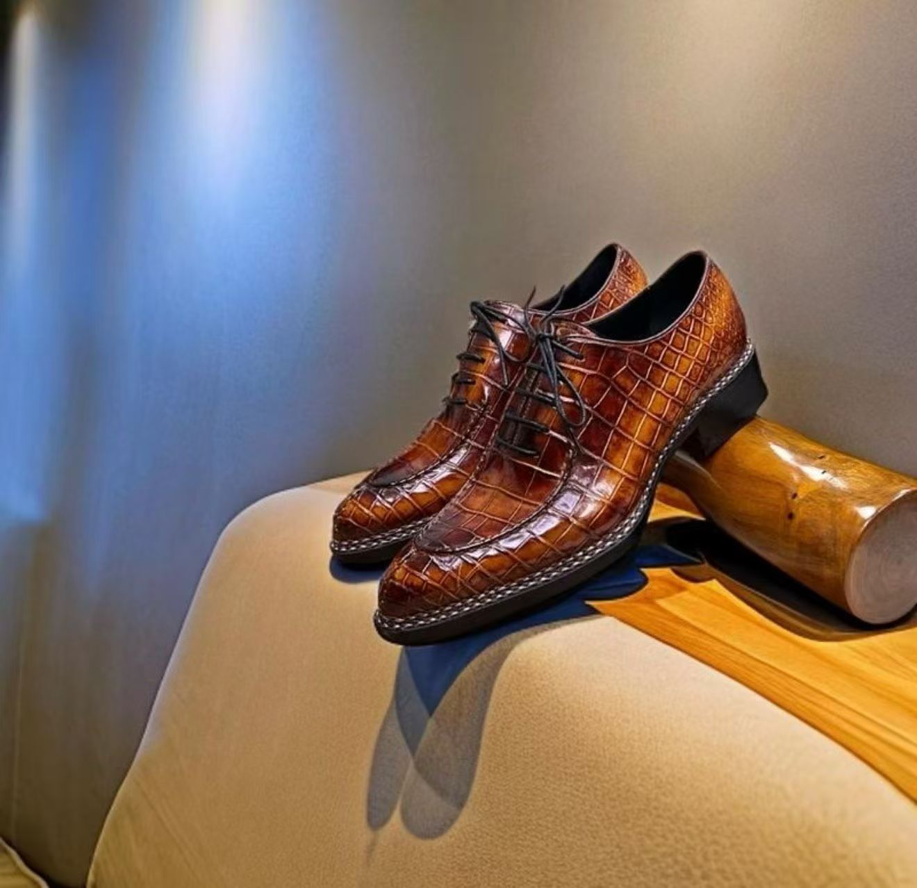 Crocodile Shoes, Men's Crocodile Leather Lace Up Business Dress Shoes Vintage Blue