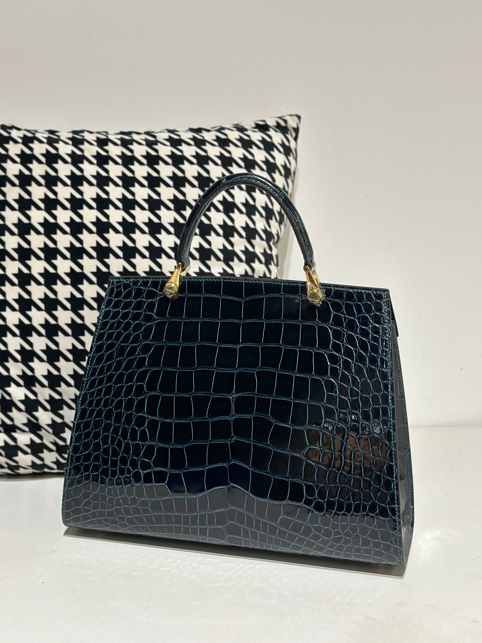 Crocodile Leather Top Handle Bag Dark Green