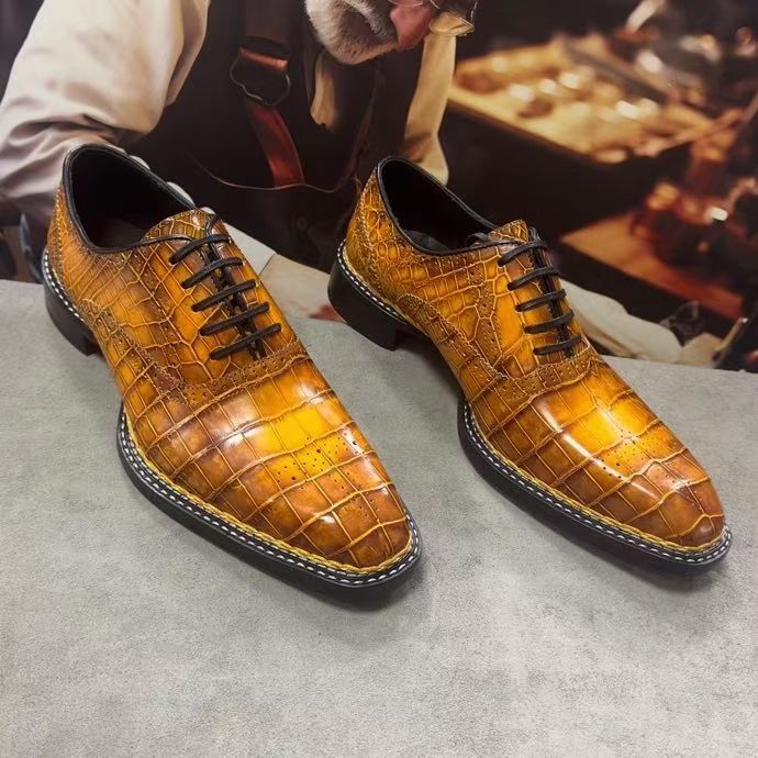 Crocodile Shoes Men's Vintage Brown Crocodile Leather Norwegian Sewn Lace Up Shoes