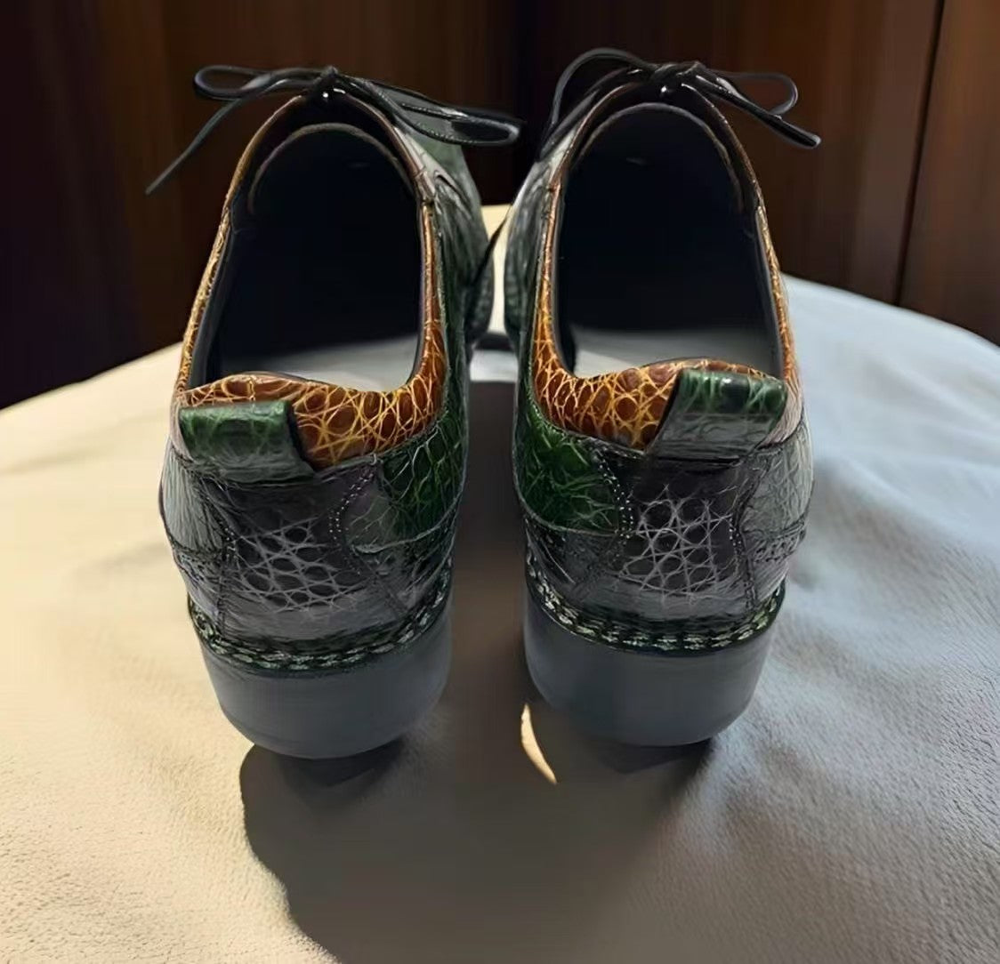 Crocodile Shoes, Men's Vintage Green/ Tan Contrast Norwegian Sewn Lace Up Shoes