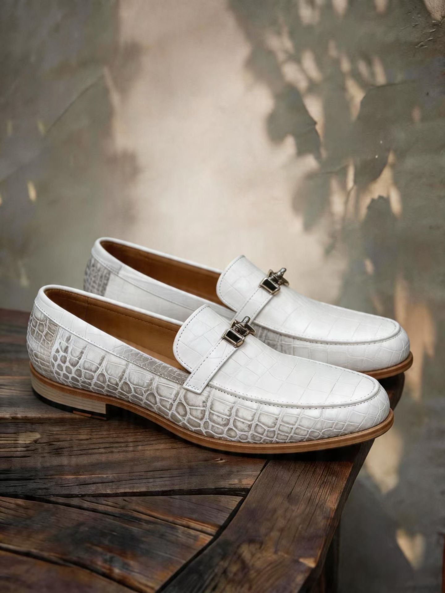 Crocodile Shoes, Himalayan White Genuine Crocodile Leather Buckle Loafer Shoes
