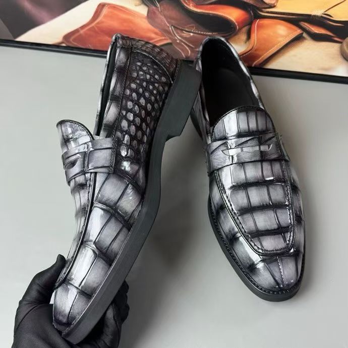 Crocodile Leather Loafer Shoes Vintage Grey