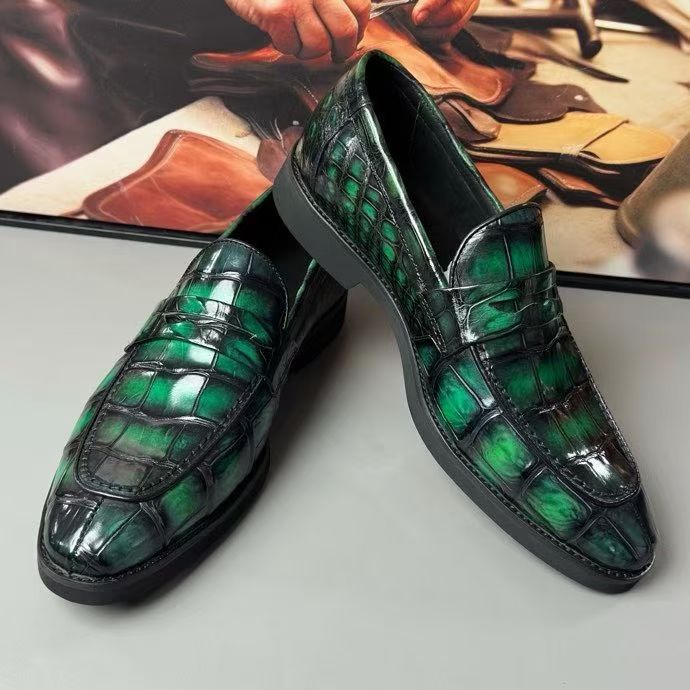 Crocodile Leather Loafer Shoes Vintage Green