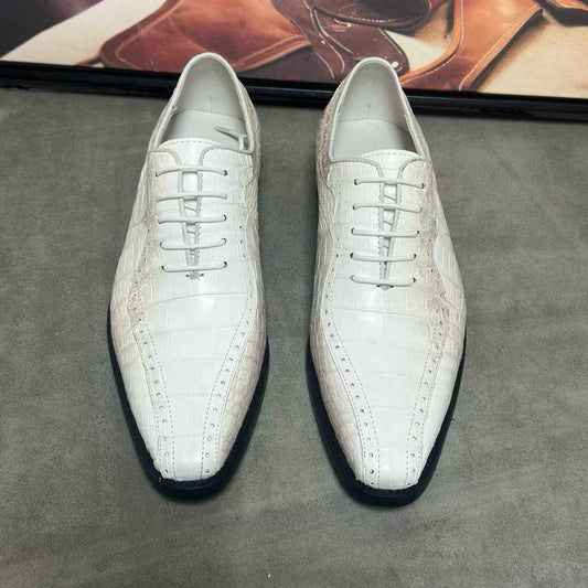 Crocodile Shoes, Men's Himalaya White Crocodile Leather Lace Up Business Dress Shoes