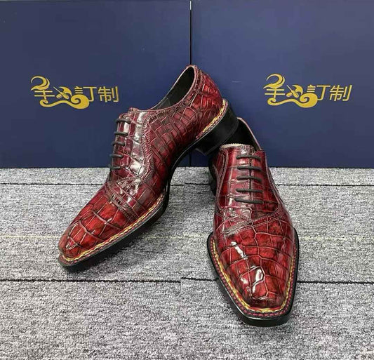 Crocodile Shoes, Men's Vintage Wine Red Norwegian Lace-Up Business  Shoes