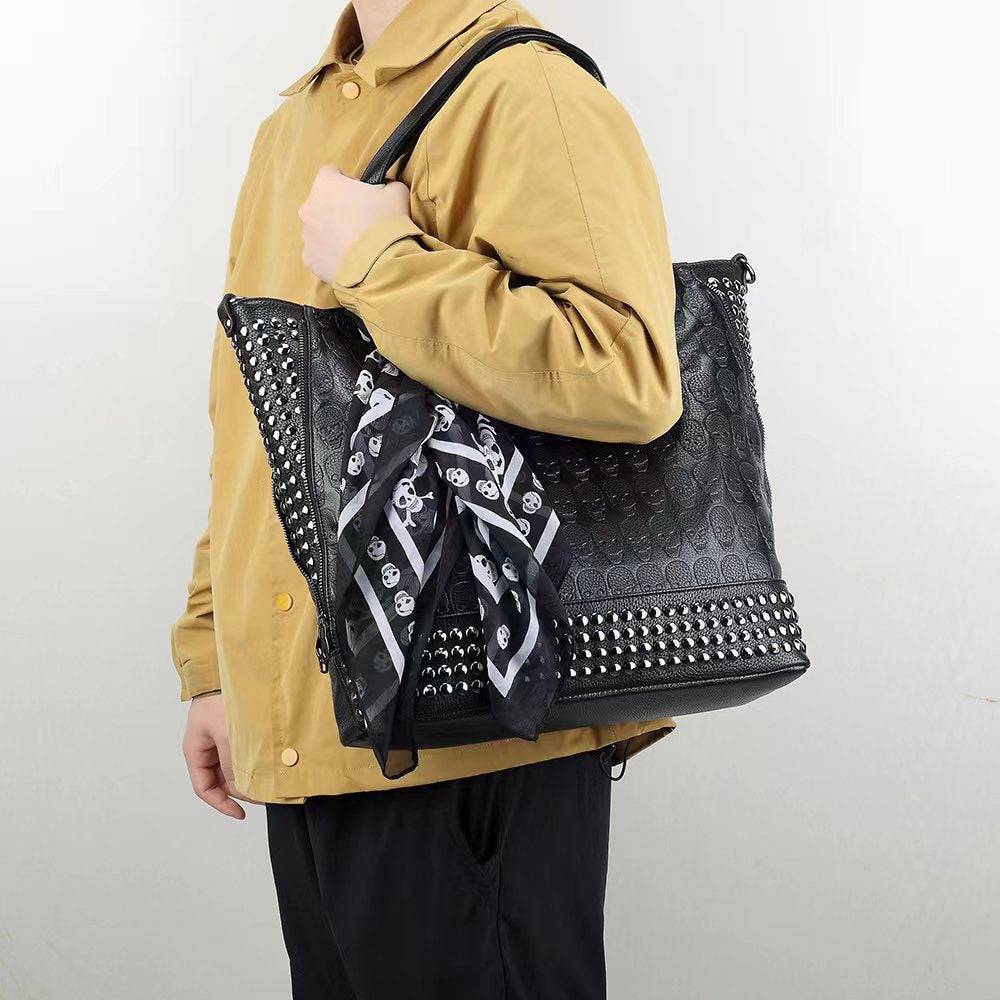 3D Large Shopper Bag,  Studded Embossed Skull Large Shopper Bag With Small Pouch & Scarf