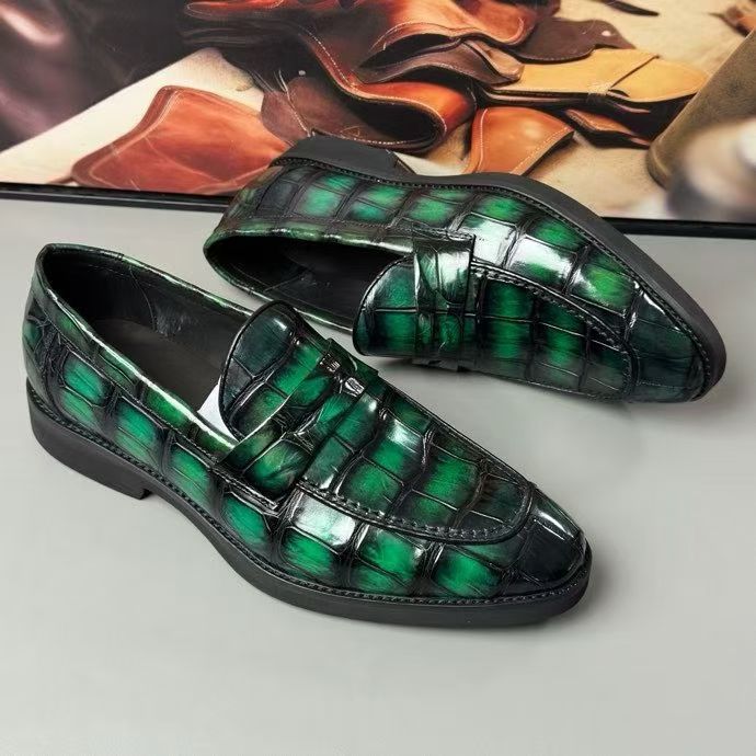 Crocodile Leather Loafer Shoes Vintage Green