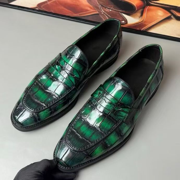 Crocodile Leather Loafer Shoes Vintage Green