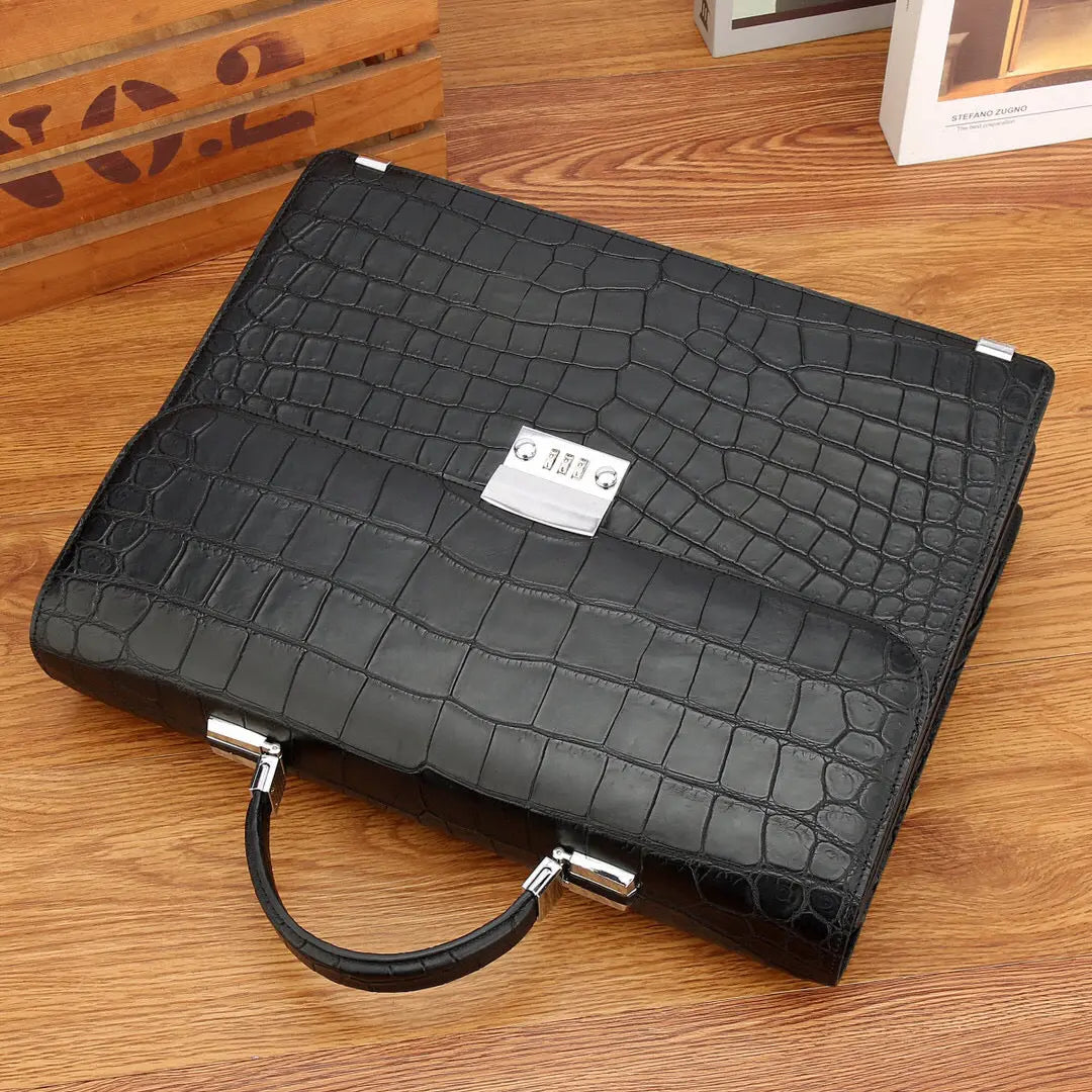 Genuine Crocodile Leather Briefcase Password Lock Buiness Bag Black