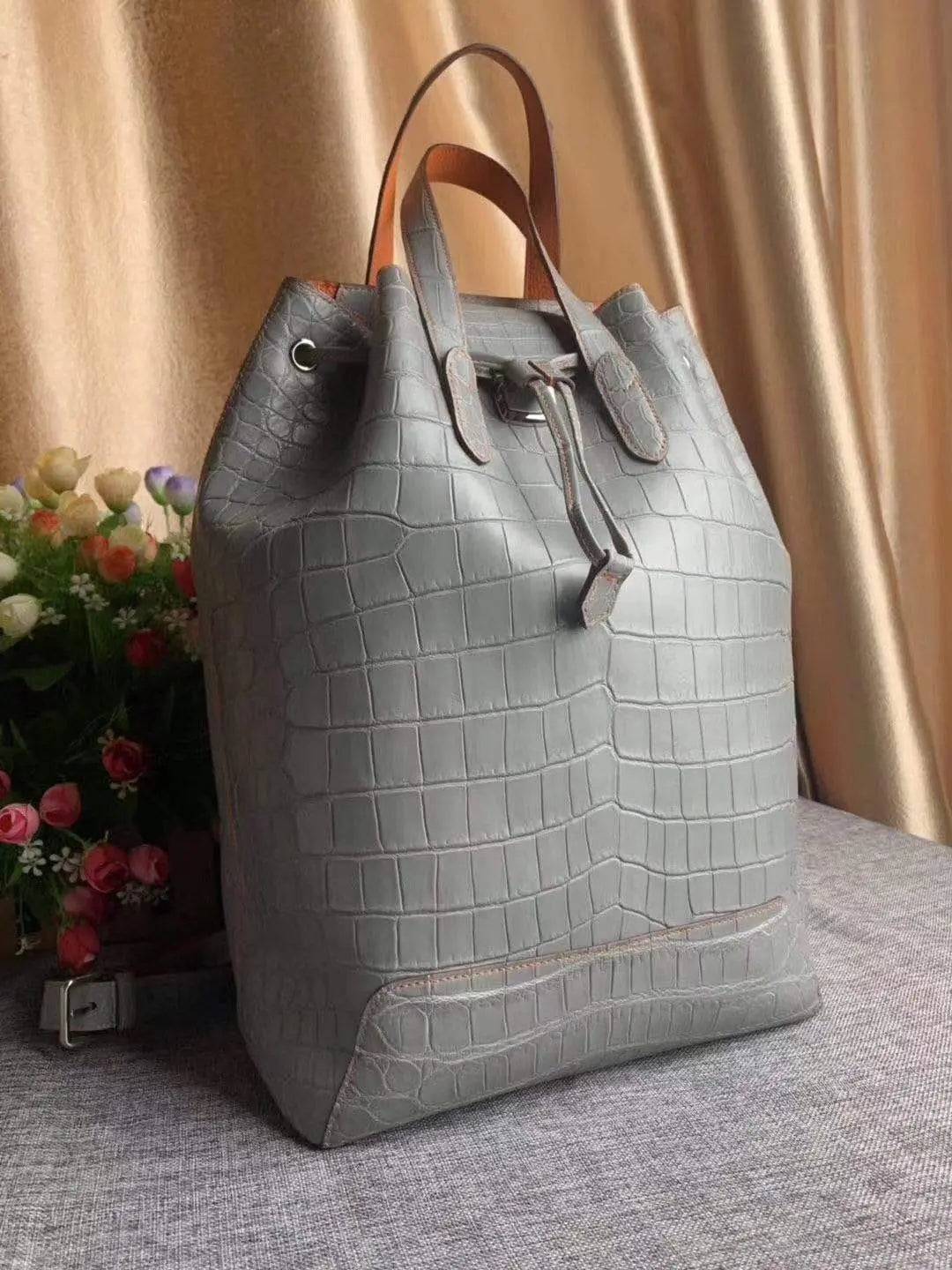 Genuine Crocodile Leather Large Drawstring Backpack Briefcase Light Grey Belly Leather