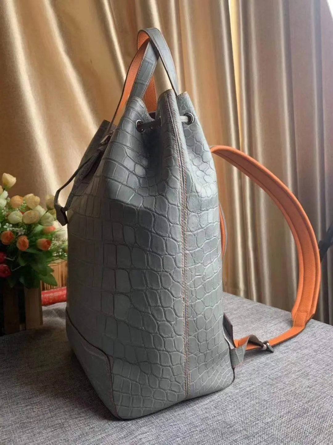 Genuine Crocodile Leather Large Drawstring Backpack Briefcase Light Grey Belly Leather