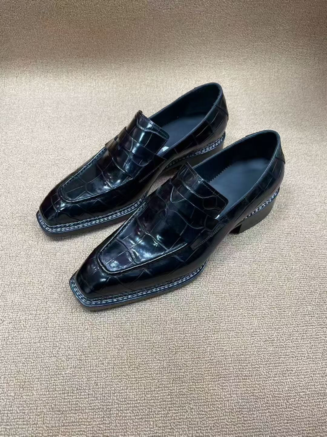 Preorder Crocodile Shoes Black Crocodile Leather Norwegian Sewn Dress Loafer Shoes