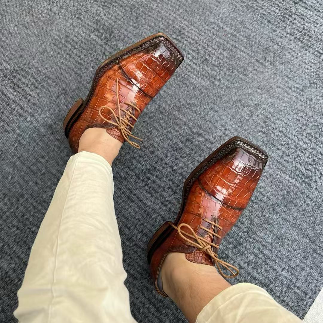 Genuine Crocodile Leather Square-Toe Classic Lace -Up Dress Shoes