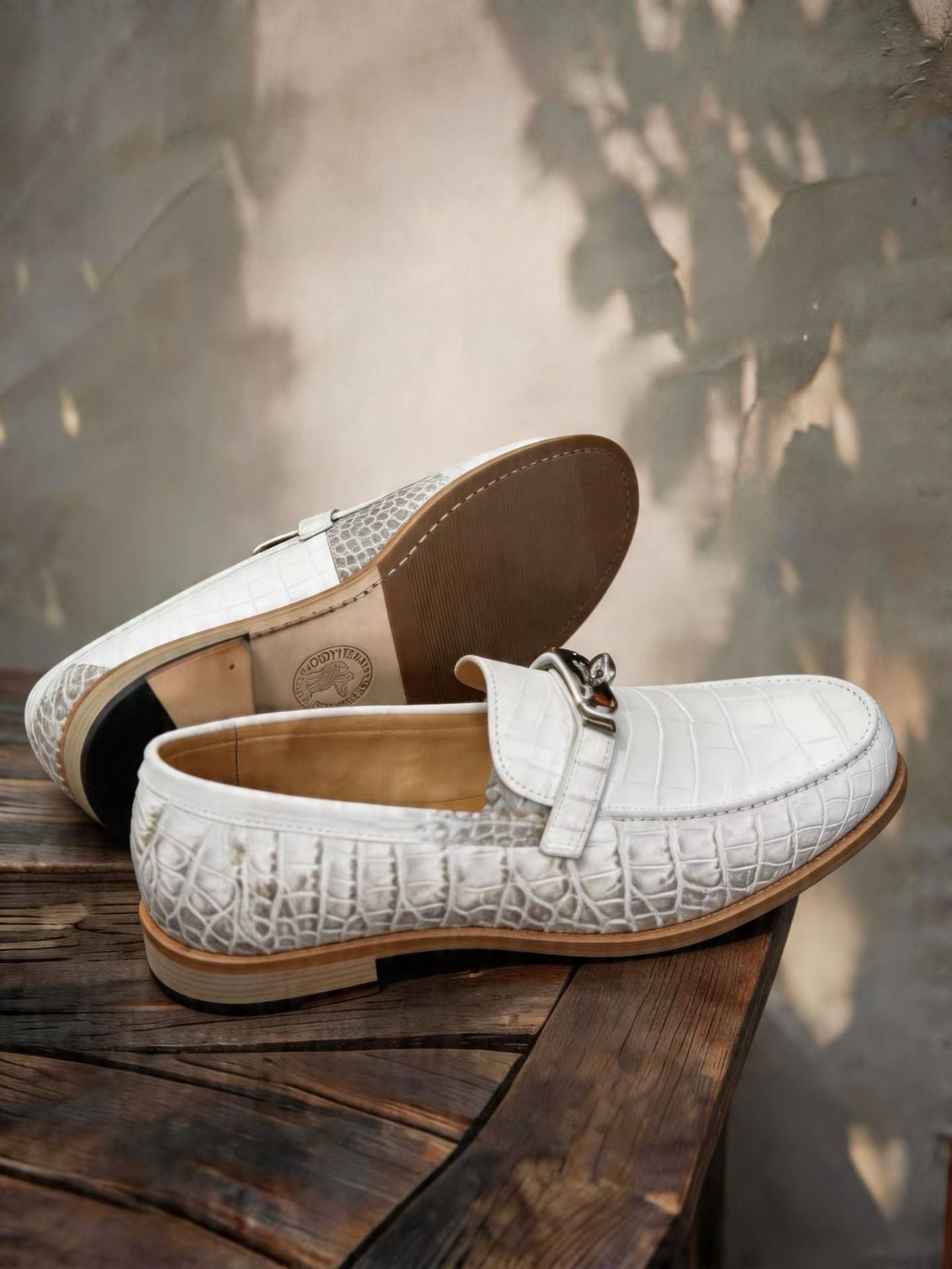 Crocodile Shoes, Himalayan White Genuine Crocodile Leather Buckle Loafer Shoes