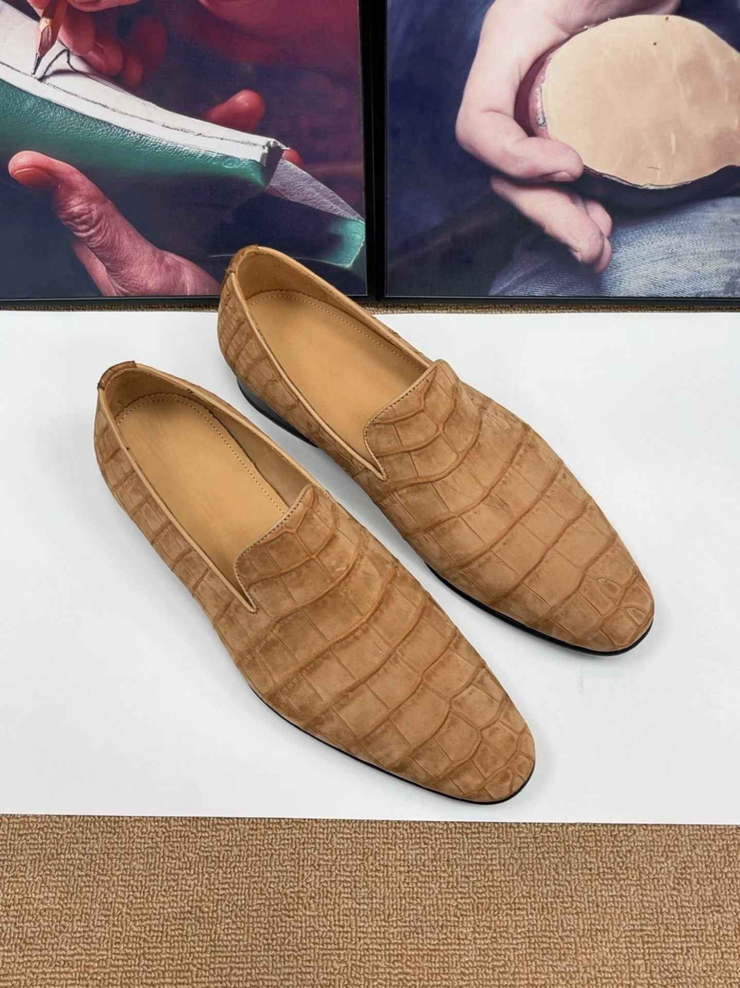 Crocodile Shoes, Men's Nubuck Crocodile Leather Slip-On Loafer Shoes Camel