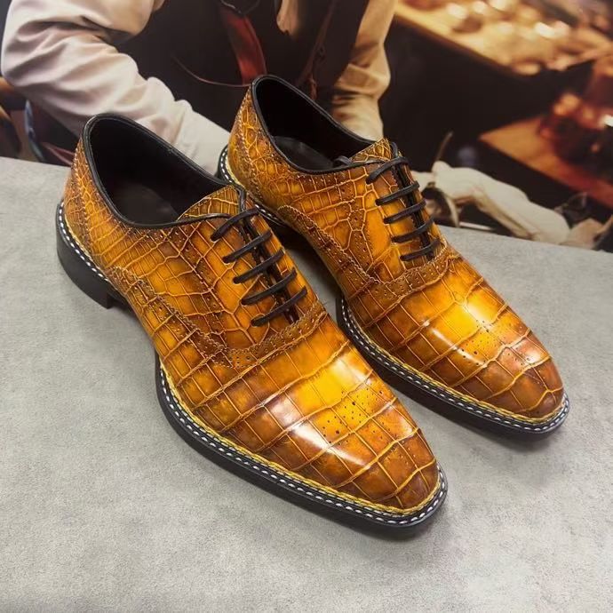 Crocodile Shoes Men's Vintage Brown Crocodile Leather Norwegian Sewn Lace Up Shoes