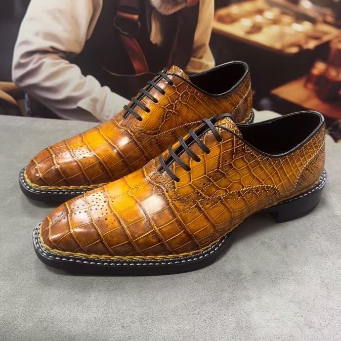 Crocodile Shoes Men's Vintage Brown Crocodile Leather Norwegian Sewn Lace Up Shoes