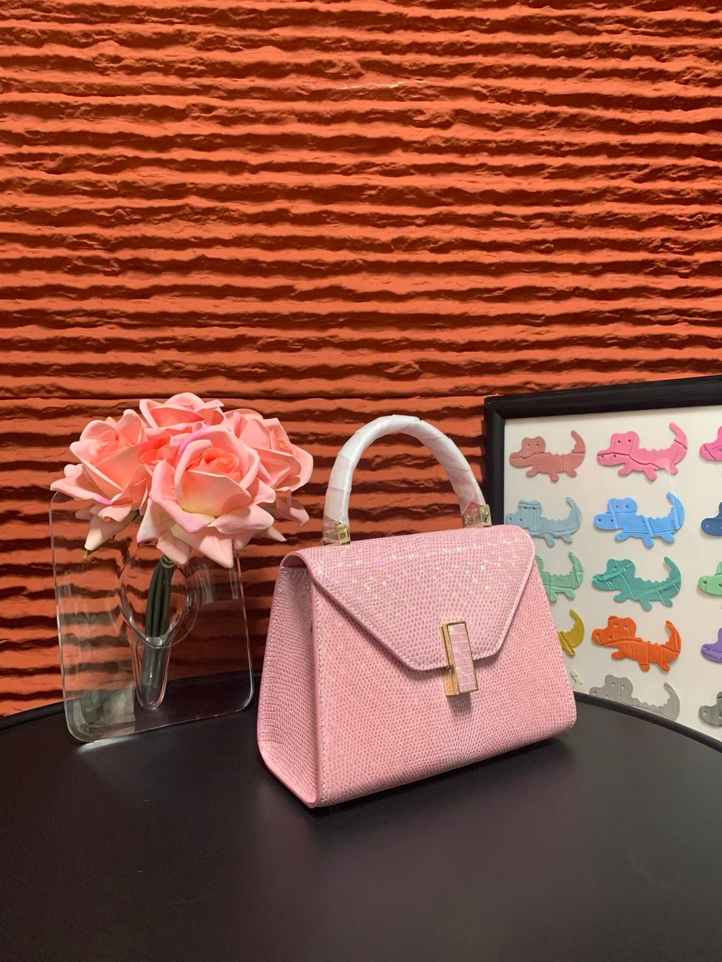 Women's Pink Sakura Lizard Skin Leather Top Handle Bags