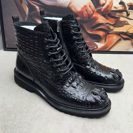 ON SALE ! Crocodile Shoes ,Crocodile Leather Classic Unisex 8-Eye Boots Black