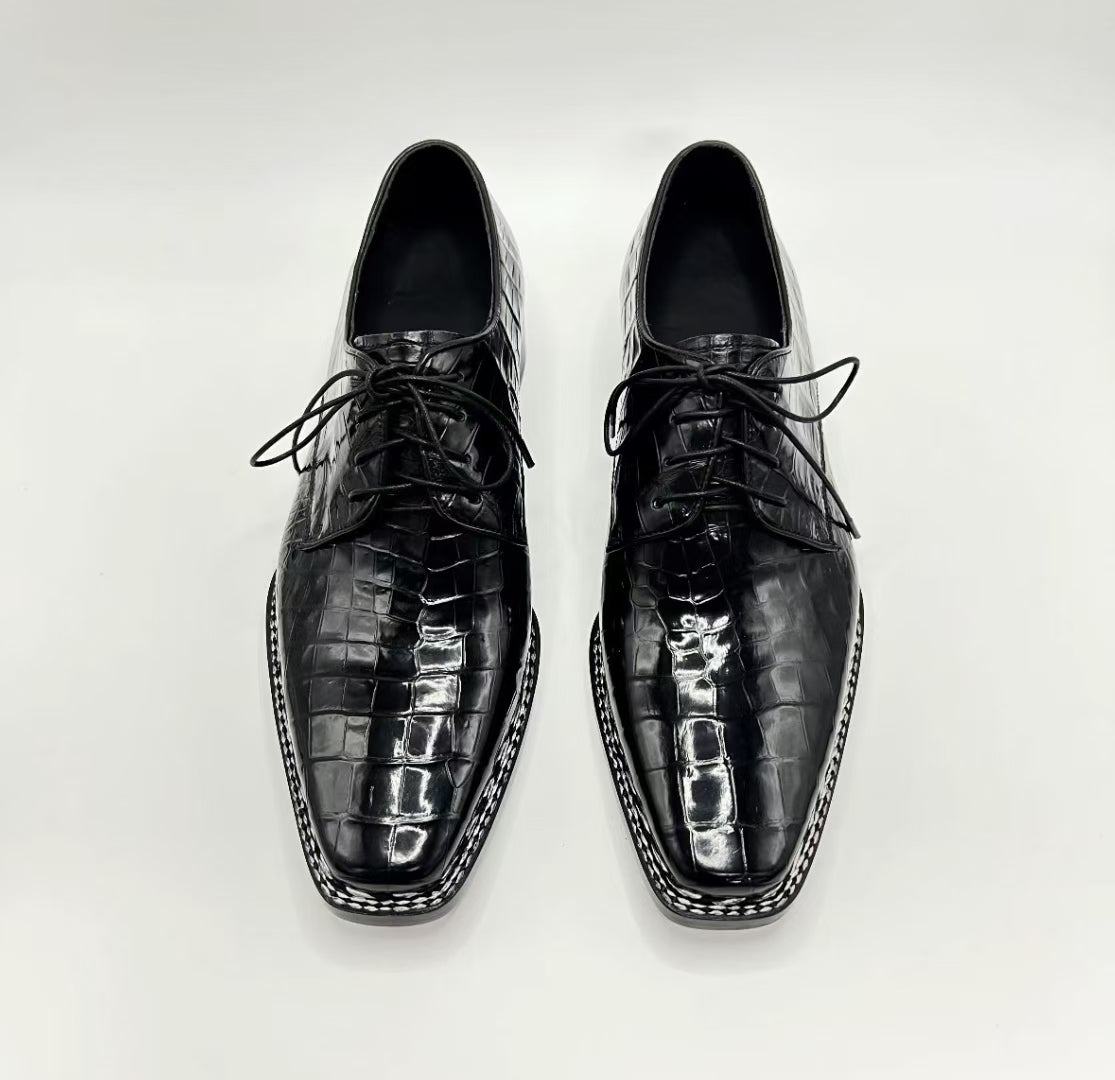 Crocodile Shoes, Men's Black Crocodile Leather Norwegian Sewn Lace Up Shoes