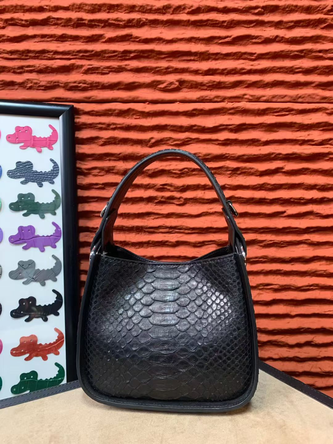 Genuine Python Skin Leather Underarm Cross Body Handle Bag  Black