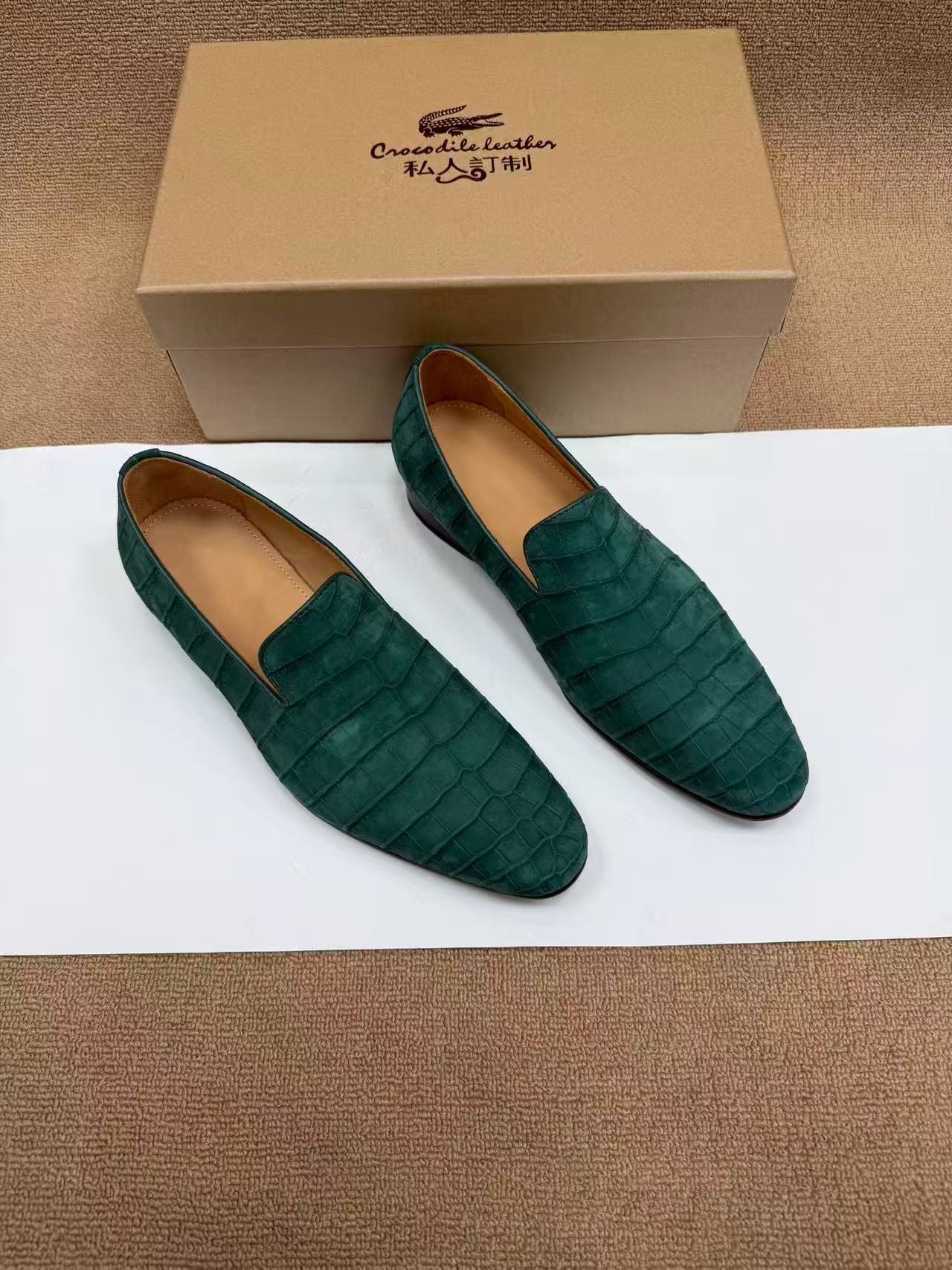 Crocodile Shoes, Men's Nubuck Crocodile Leather Slip-On Loafer Shoes Green