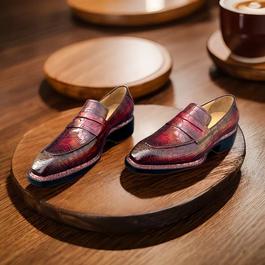 Crocodile Shoes, Men's Vintage Wine Red Crocodile Leather Slip-On Loafer Shoes
