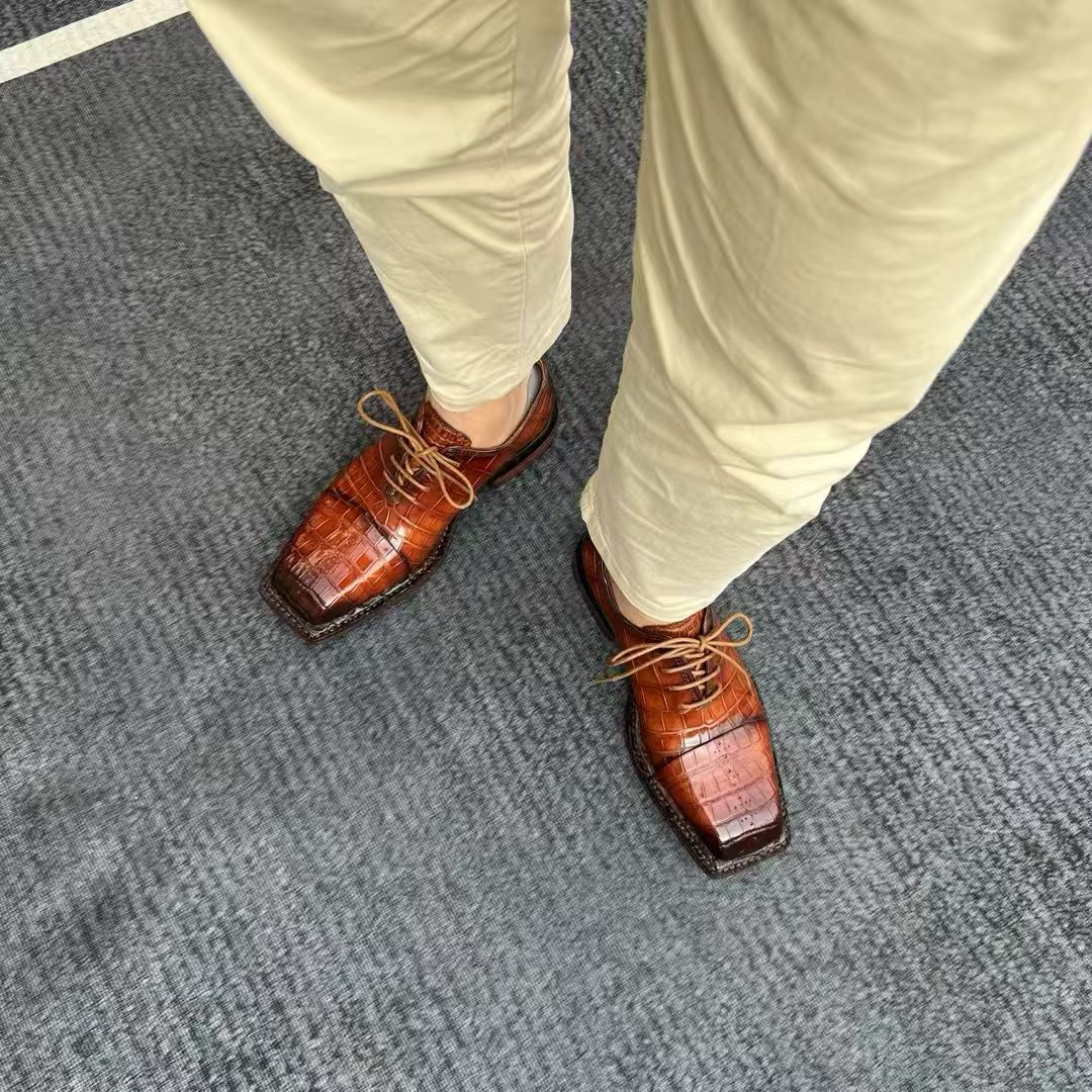 Genuine Crocodile Leather Square-Toe Classic Lace -Up Dress Shoes