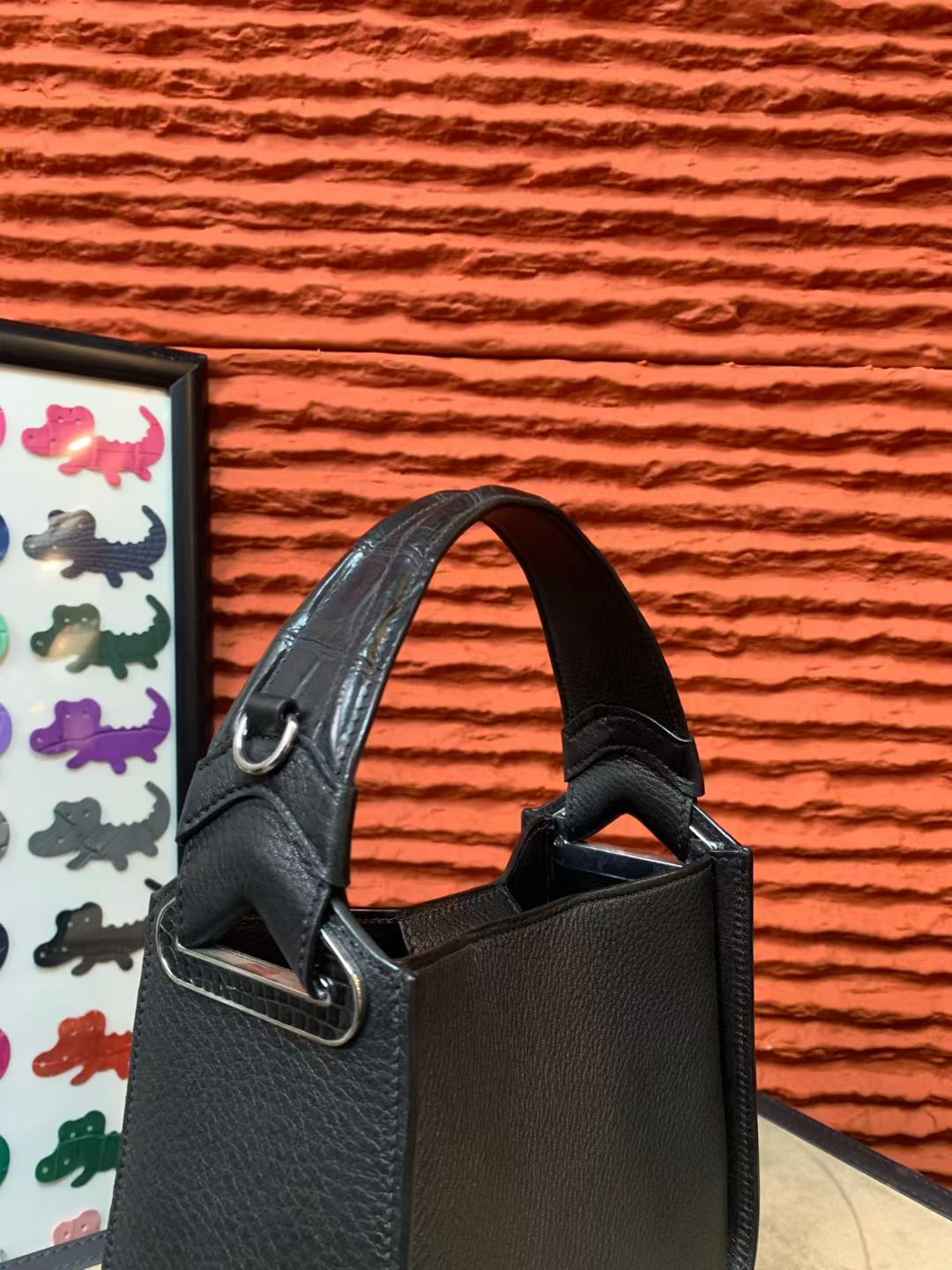 Genuine Python Skin Leather Underarm Cross Body Handle Bag  Black