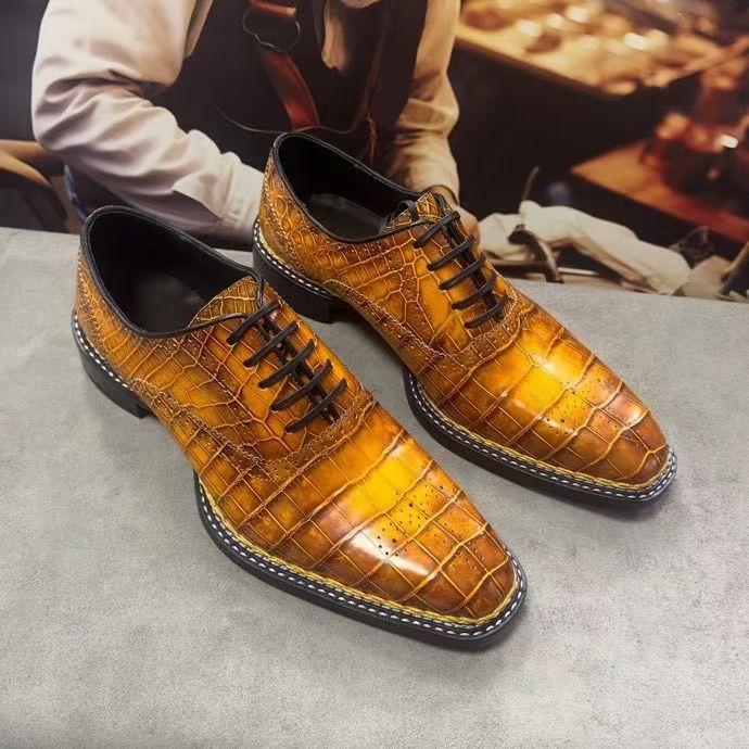 Crocodile Shoes Men's Vintage Brown Crocodile Leather Norwegian Sewn Lace Up Shoes