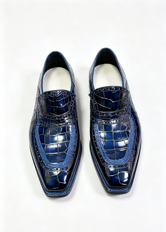 Preorder Crocodile Shoes  Vintage Blue Crocodile Leather Norwegian Sewn Dress Loafer Shoes