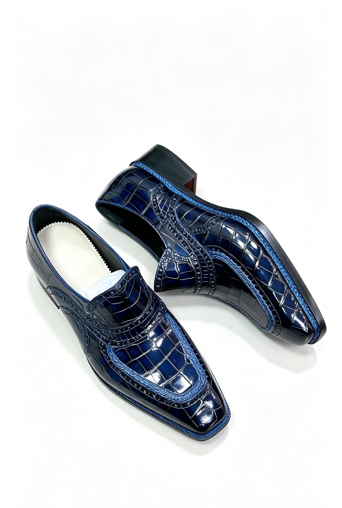Preorder Crocodile Shoes Vintage Blue Crocodile Leather Norwegian Sewn Dress Loafer Shoes