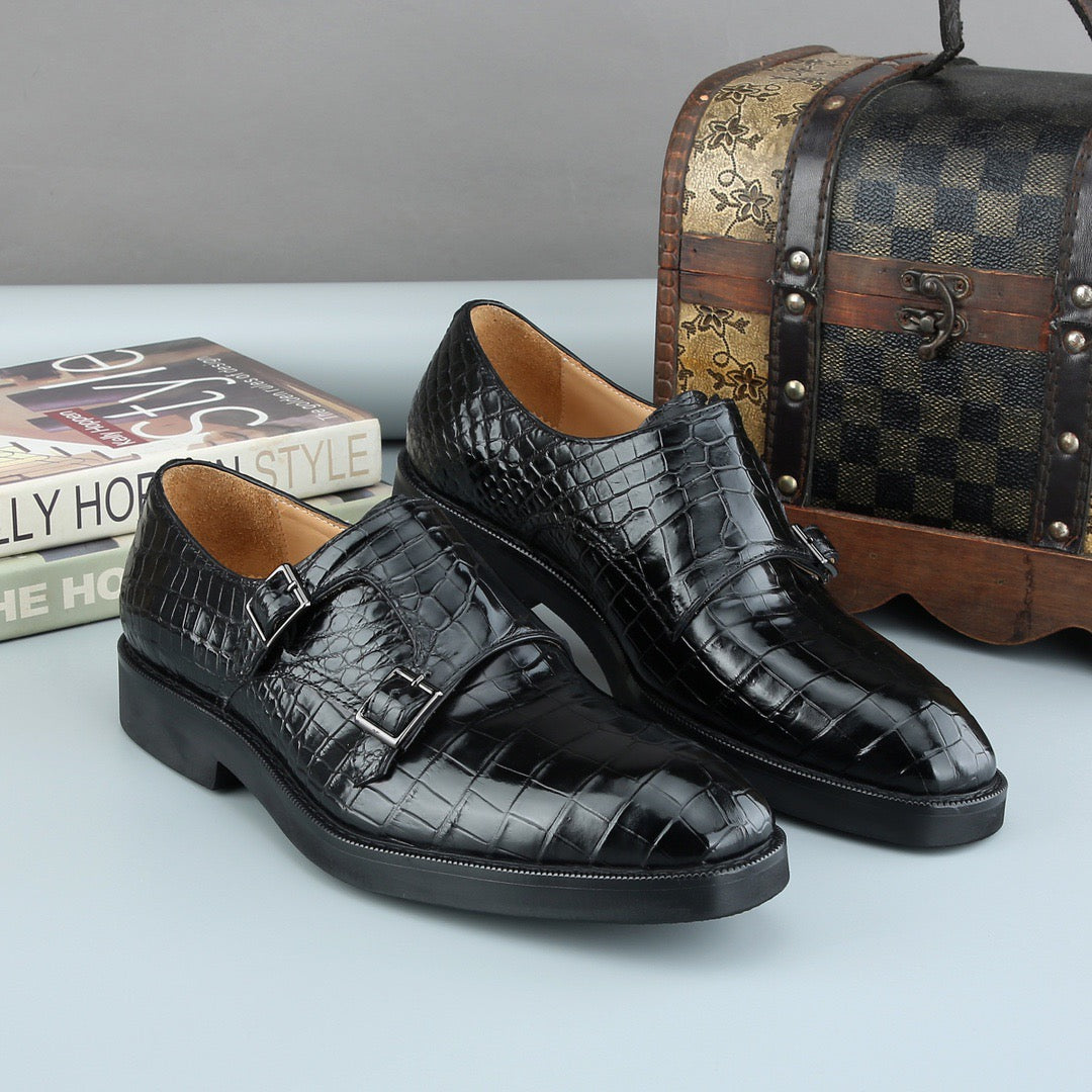 Crocodile Shoes Men's Crocodile Leather Brogue Lace-Up Shoes Black