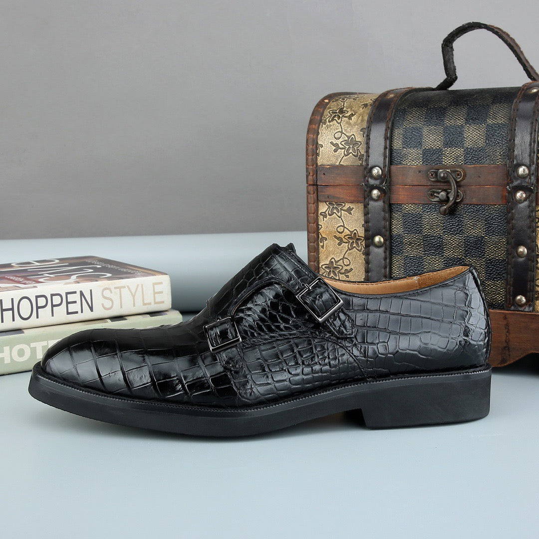 Crocodile Shoes Men's Crocodile Leather Brogue Lace-Up Shoes Black