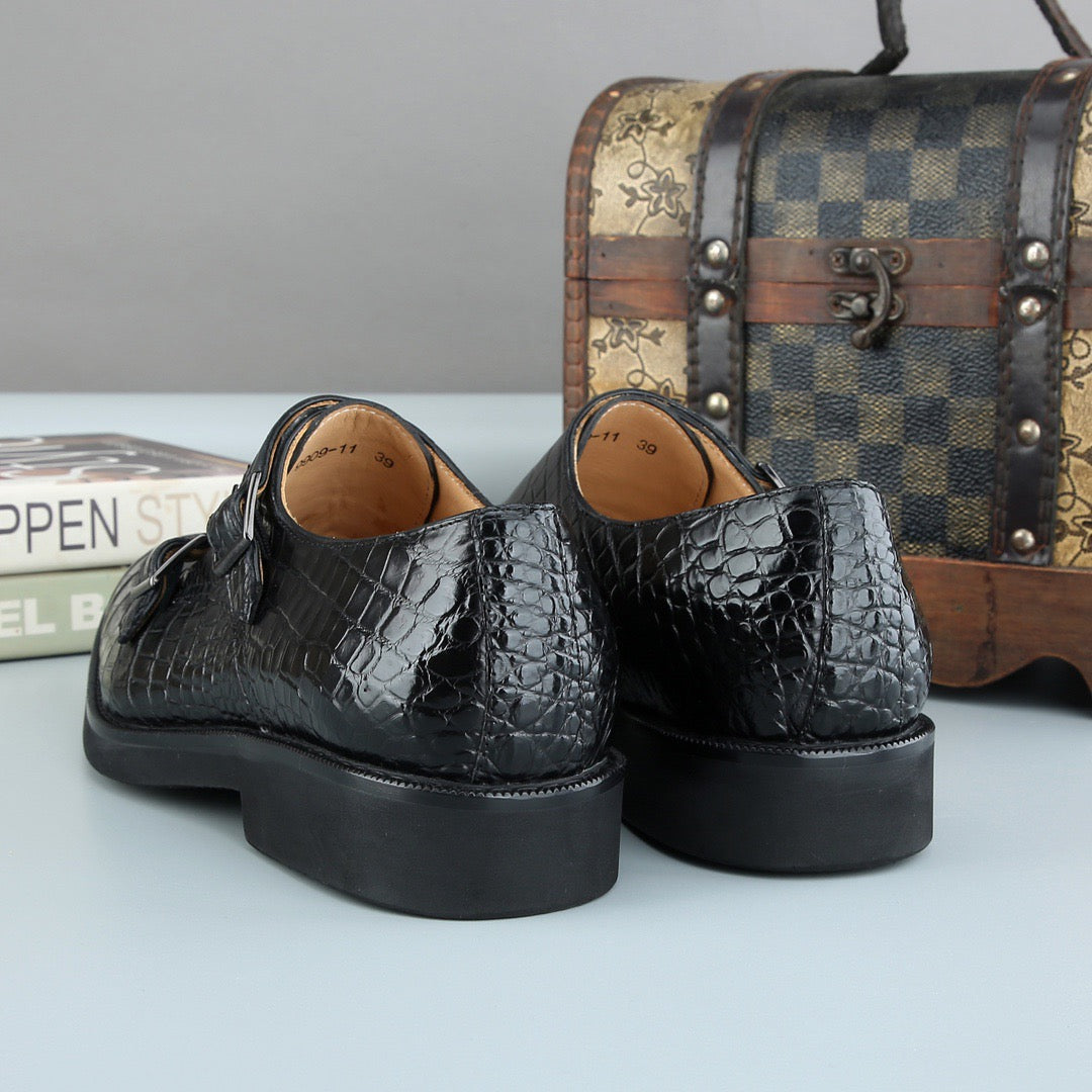 Crocodile Shoes Men's Crocodile Leather Brogue Lace-Up Shoes Black