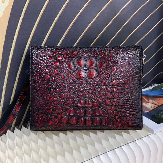 Genuine Crocodile Skin Bone Leather Wrist Handle Clutch Wallet  Bag Vintage Red