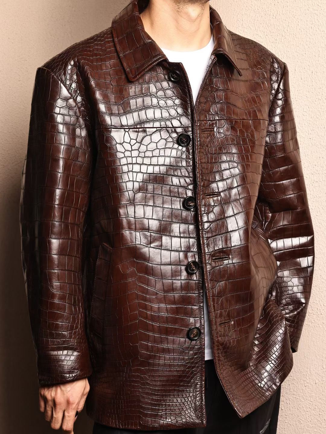 Crocodile Jacket , Men's Mid-Length Crocodile Skin Leather Chinese Tunic Suits Mandarin Collar Formal Jacket