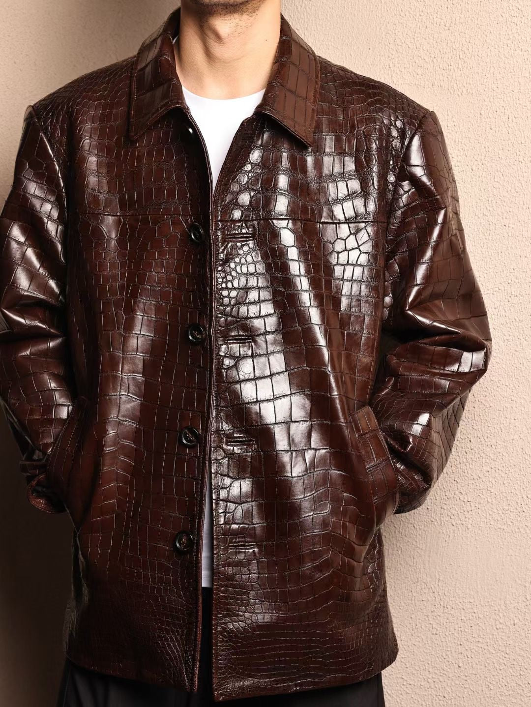 Crocodile Jacket , Men's Mid-Length Crocodile Skin Leather Chinese Tunic Suits Mandarin Collar Formal Jacket