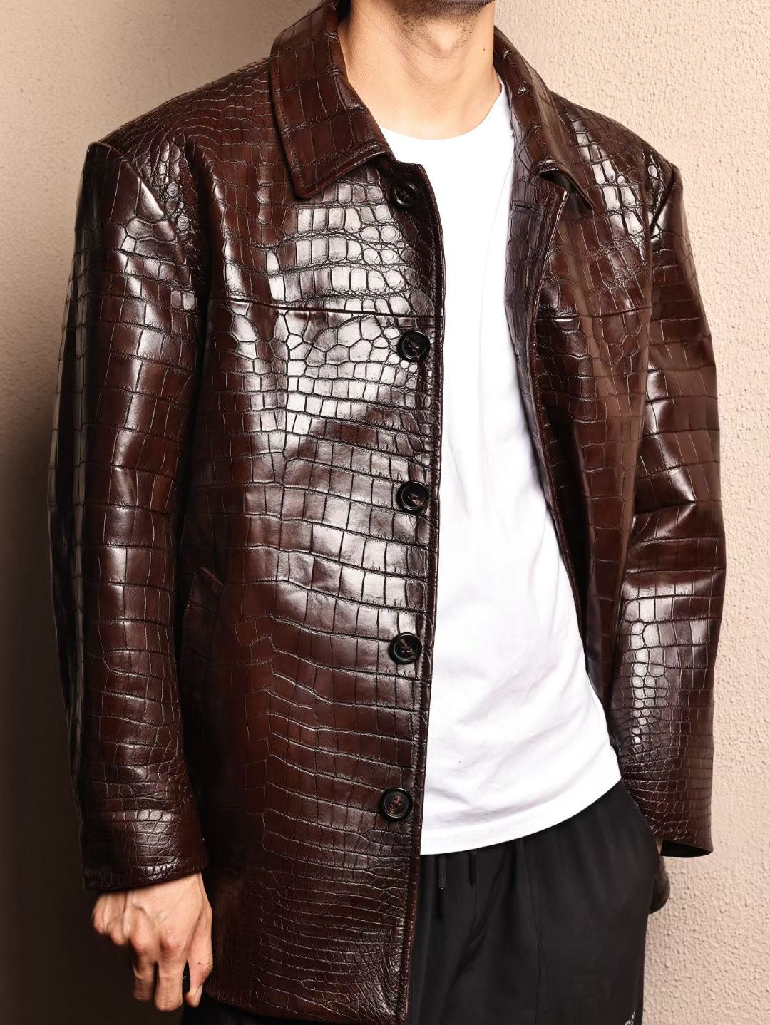 Crocodile Jacket , Men's Mid-Length Crocodile Skin Leather Chinese Tunic Suits Mandarin Collar Formal Jacket