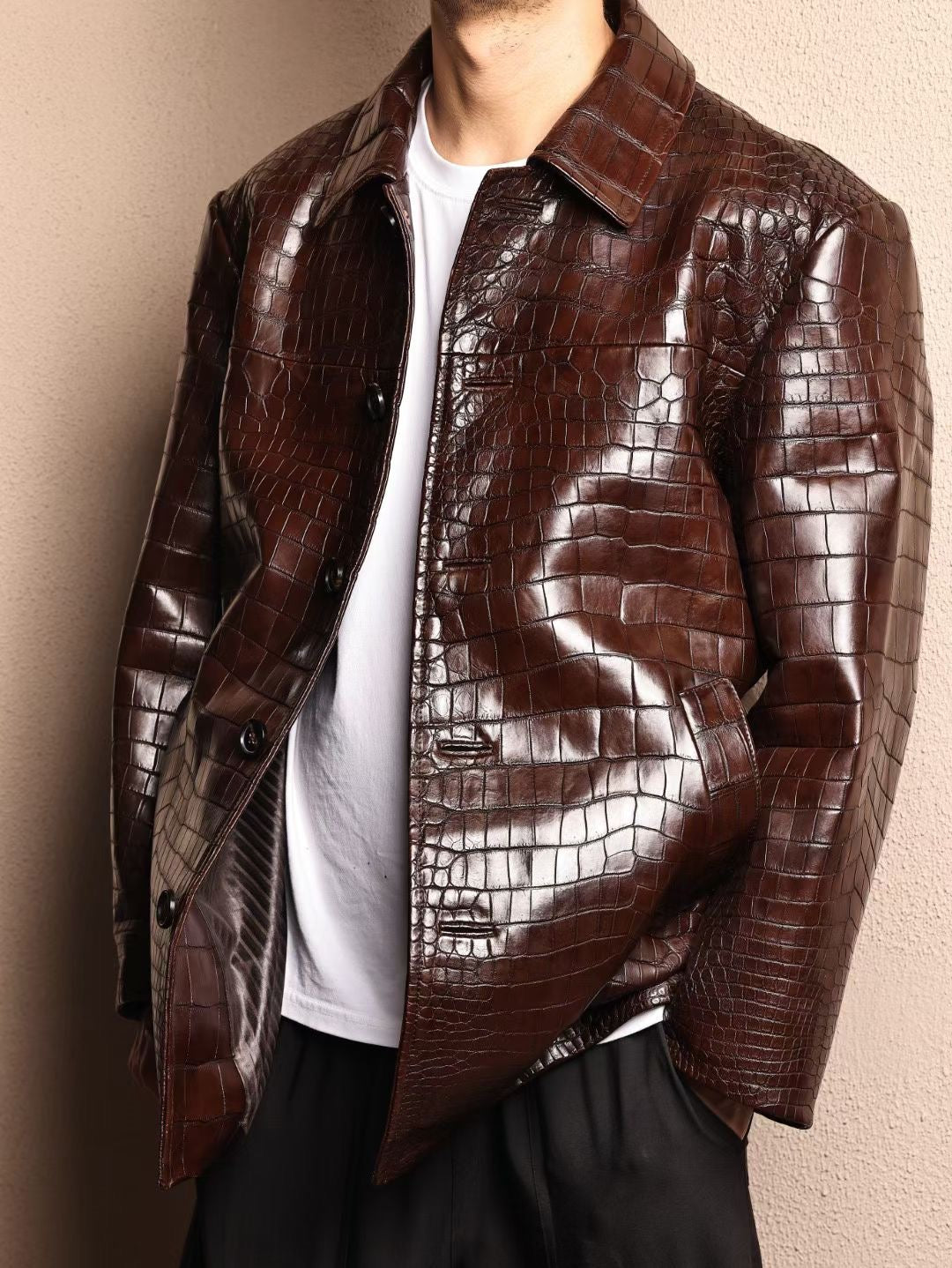 Crocodile Jacket , Men's Mid-Length Crocodile Skin Leather Chinese Tunic Suits Mandarin Collar Formal Jacket