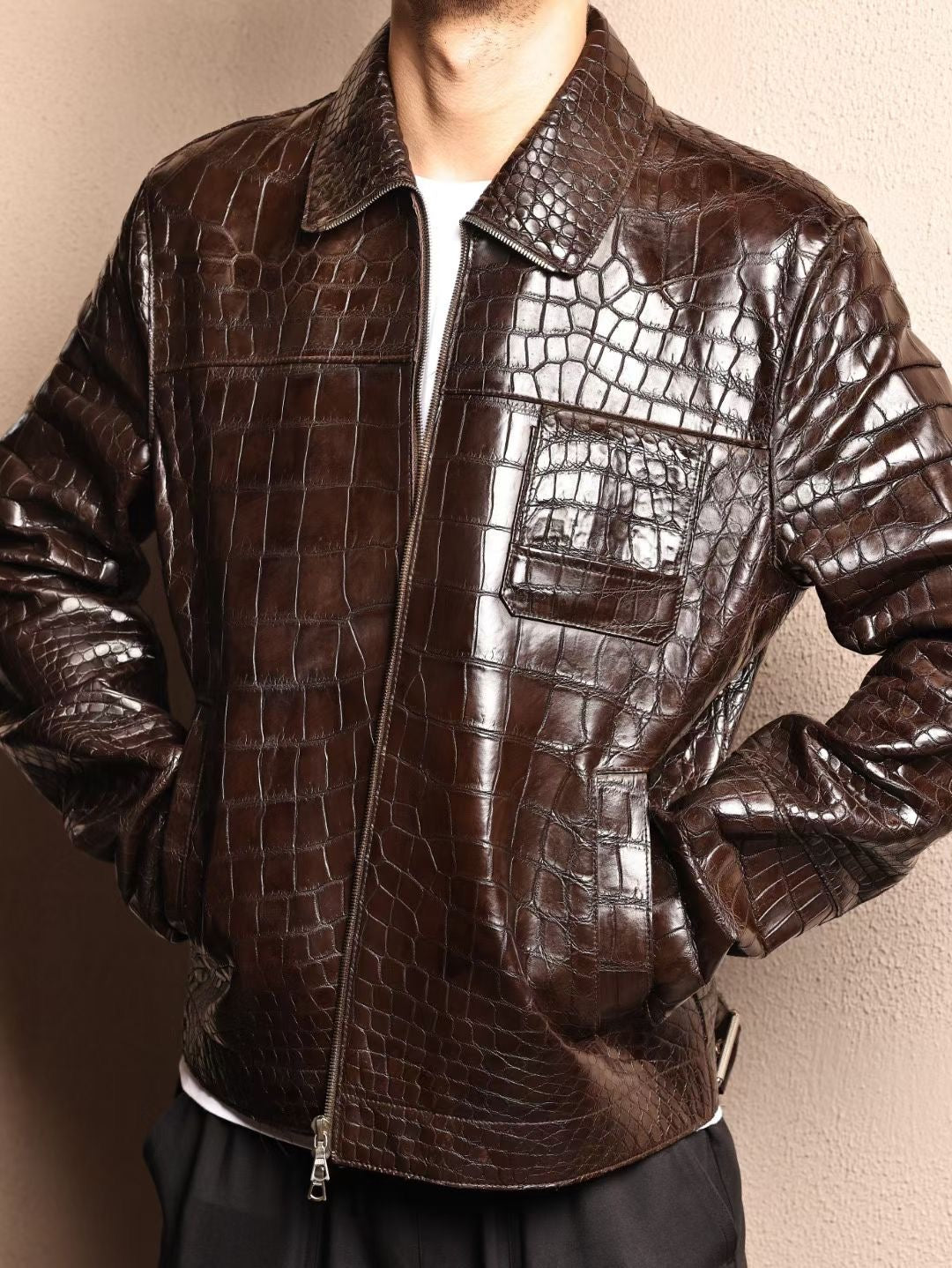 Crocodile Jacket , Men's Crocodile Skin Leather Jacket Brown