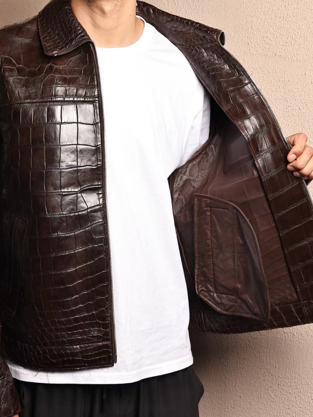 Crocodile Jacket , Men's Crocodile Skin Leather Jacket Brown