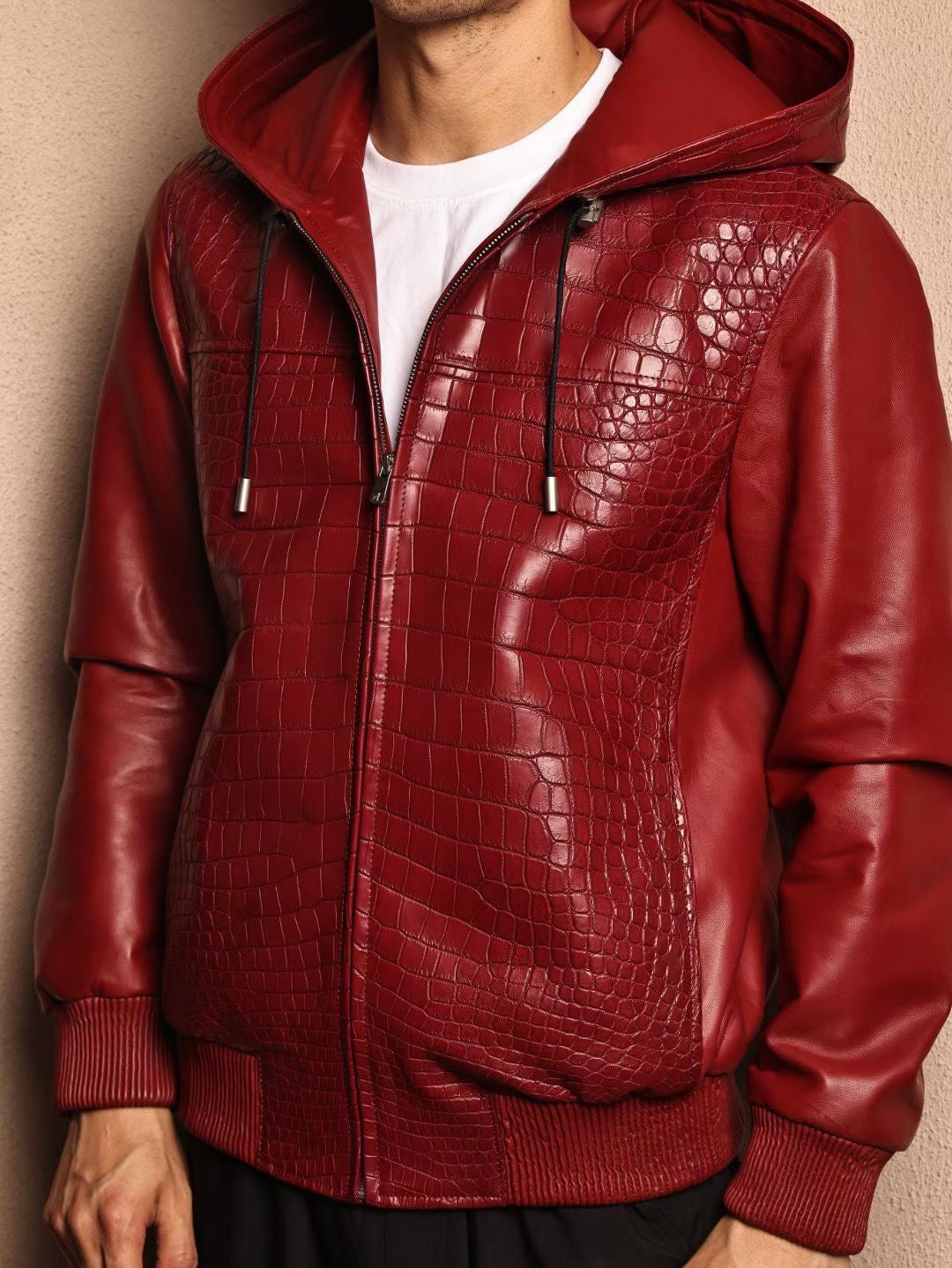 Men's Premium Red Crocodile Skin Leather Hoodie Jacket , Genuine Lambskin Leather Hoodie Red
