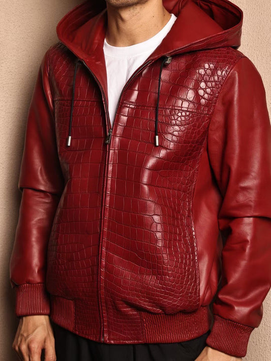 Men's Premium Red Crocodile Skin Leather Hoodie Jacket , Genuine Lambskin Leather Hoodie Red