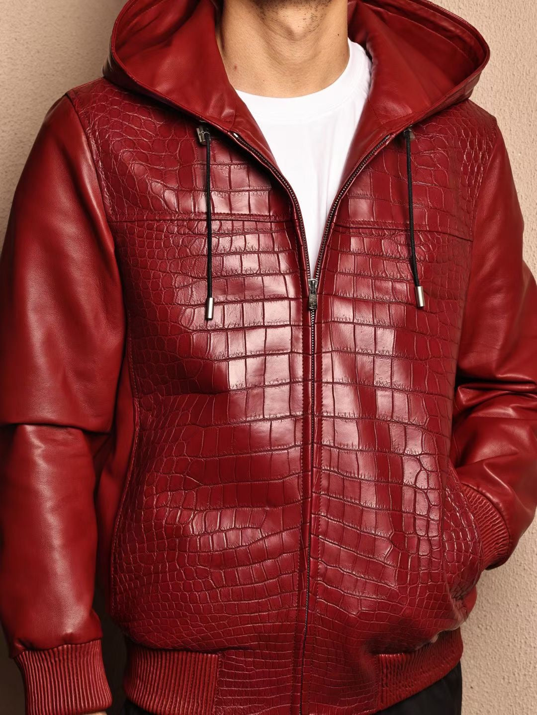 Men's Premium Red Crocodile Skin Leather Hoodie Jacket , Genuine Lambskin Leather Hoodie Red
