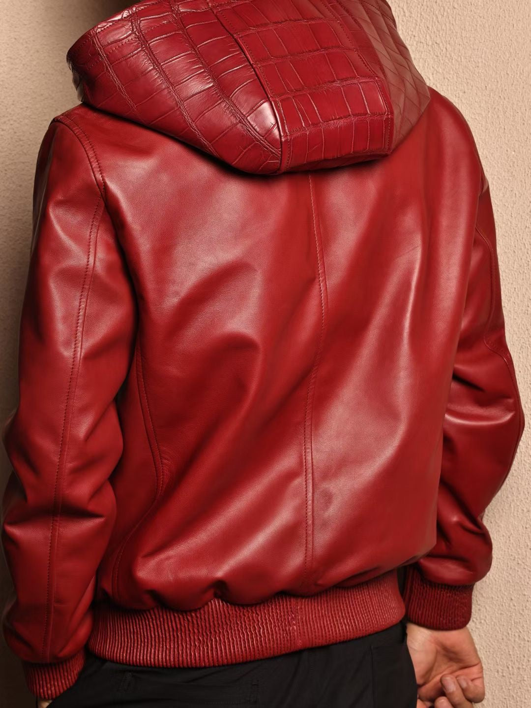 Men's Premium Red Crocodile Skin Leather Hoodie Jacket , Genuine Lambskin Leather Hoodie Red