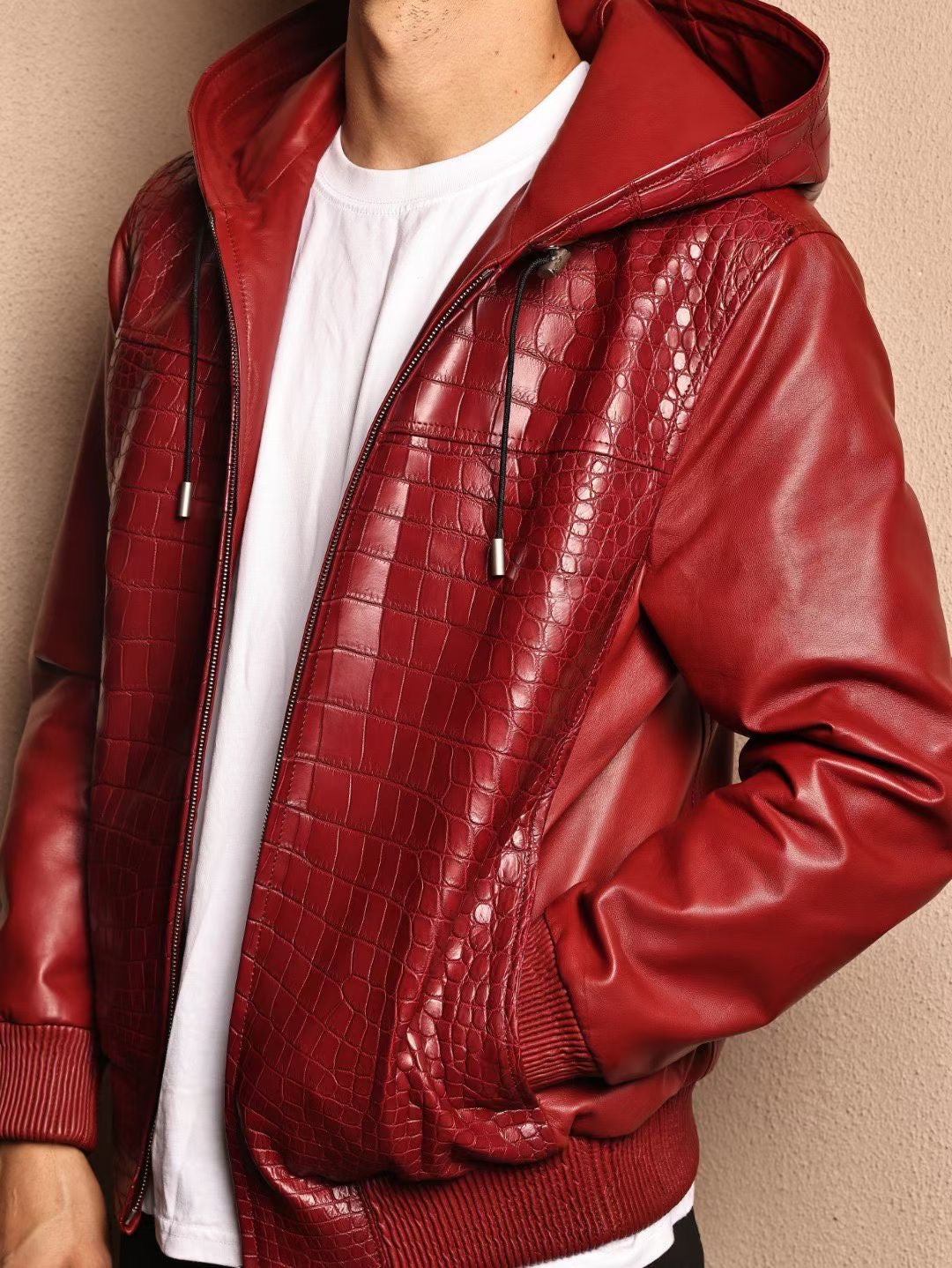 Men's Premium Red Crocodile Skin Leather Hoodie Jacket , Genuine Lambskin Leather Hoodie Red