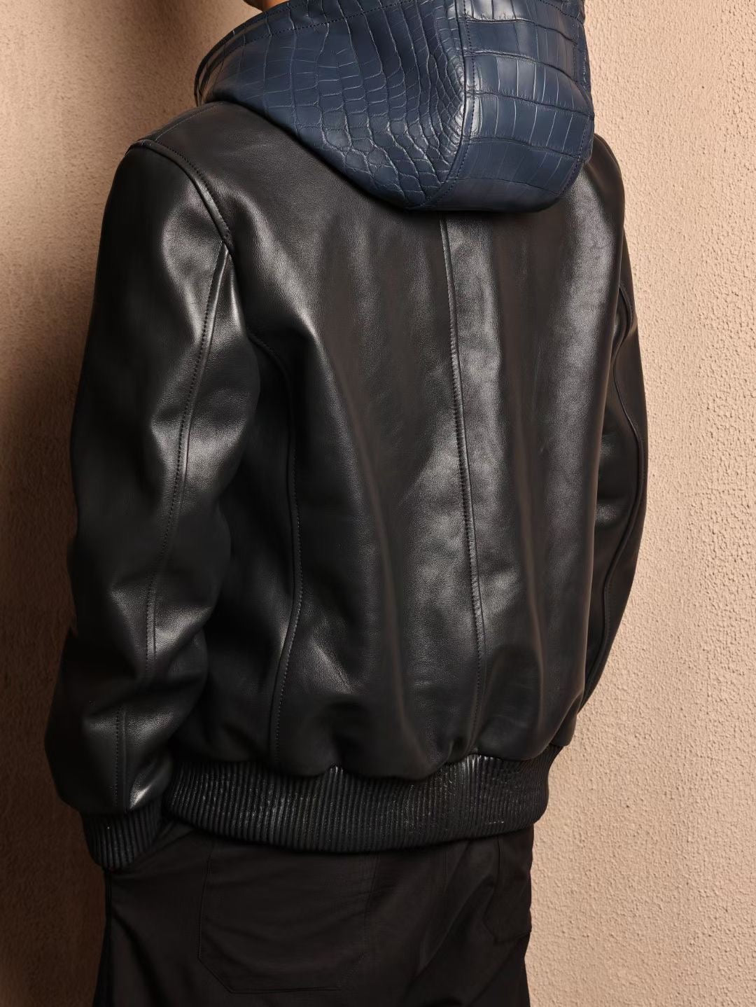 Men's Premium Crocodile Skin Leather Hoodie Jacket , Genuine Lambskin Leather Hoodie Navy Blue