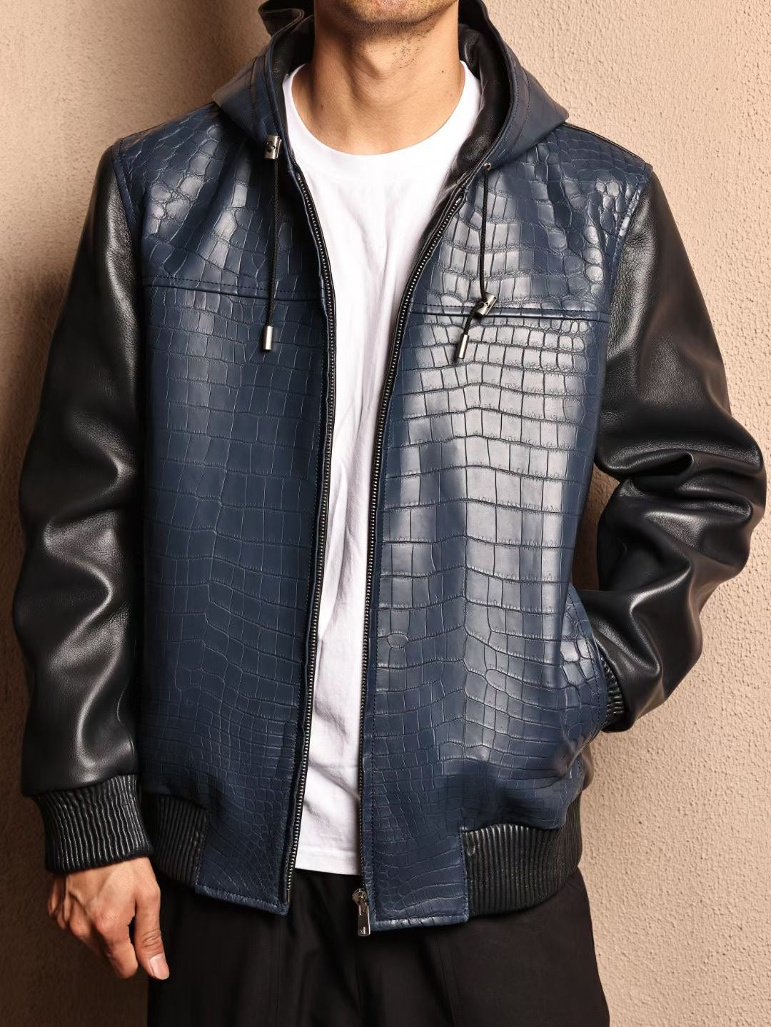 Men's Premium Crocodile Skin Leather Hoodie Jacket , Genuine Lambskin Leather Hoodie Navy Blue